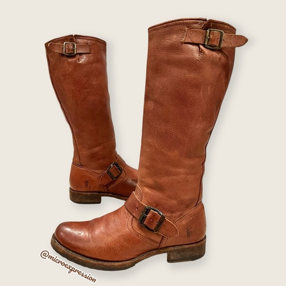 $399 Frye Veronica Slouch Cognac Brown Real Leather Engineer Knee/Calf High Boot - Picture 15 of 15